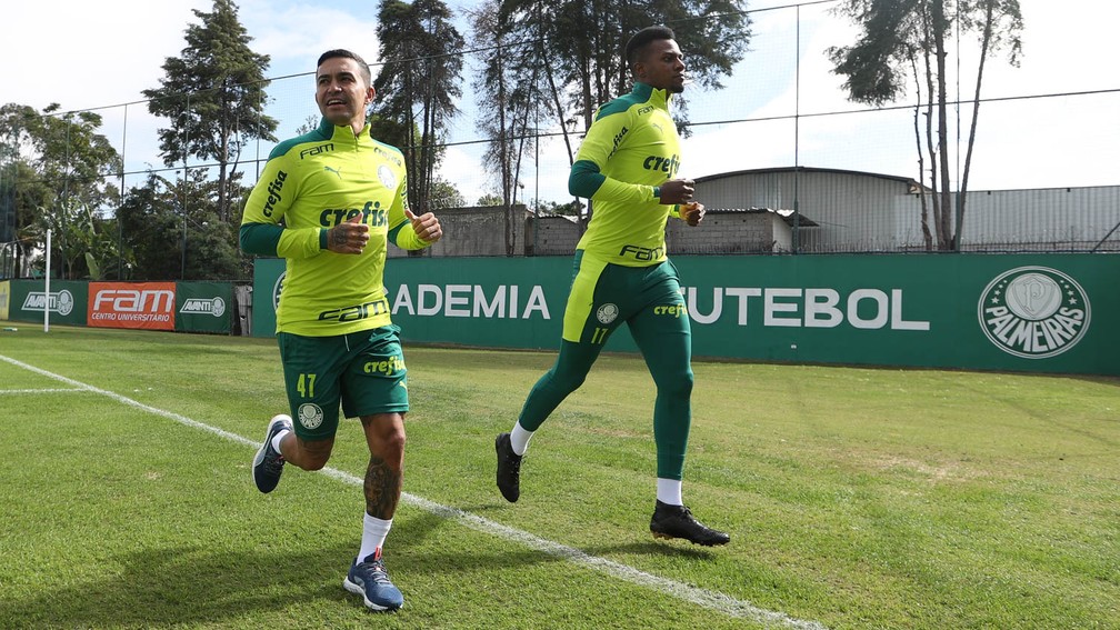 Dudu e Pedrão em campo na Academia de Futebol do Palmeiras — Foto: Cesar Greco / Ag. Palmeiras