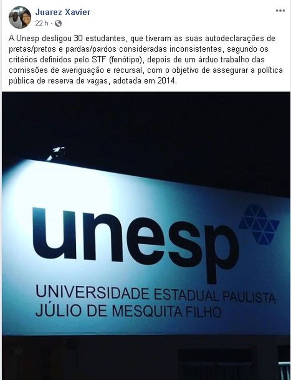 Professor da Unesp de Bauru se manifestou sobre o desligamento dos 30 estudantes  — Foto: Facebook/ Reprodução 