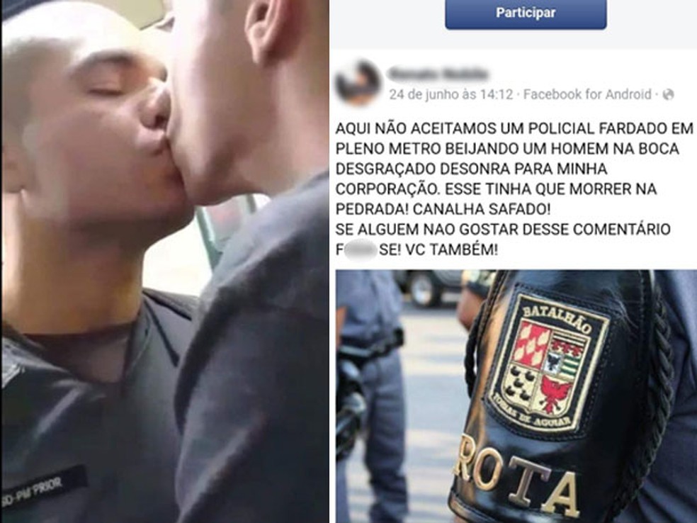 Da esquerda para a direita: vídeo com beijo de soldado beijando homem no Metrô de SP viralizou e gerou ofensas nas redes sociais, como a do lado, postada por um policial da Rota (Foto: Arquivo/Reprodução/Redes Sociais)