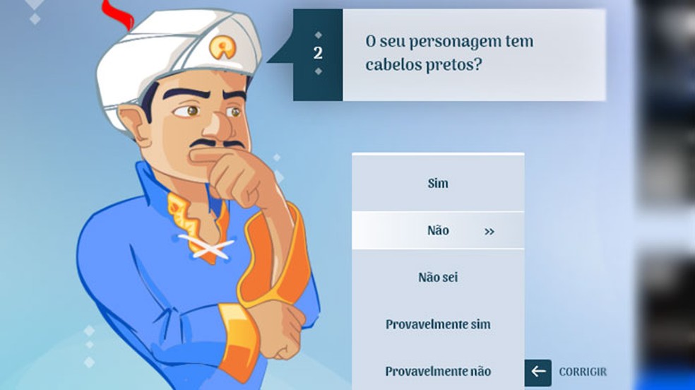 Akinator faz perguntas ao jogador para tentar descobrir em qual personagem estamos pensando — Foto: Reprodução/Rafael Monteiro