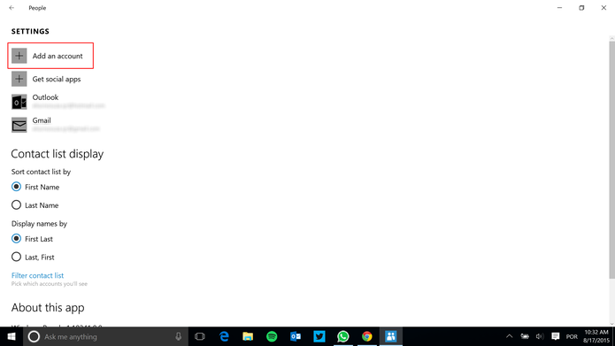 Aplicativo pessoas do Windows 10 pode ser sincronizados com contas de e-mail (Foto: Reprodução/Elson de Souza)