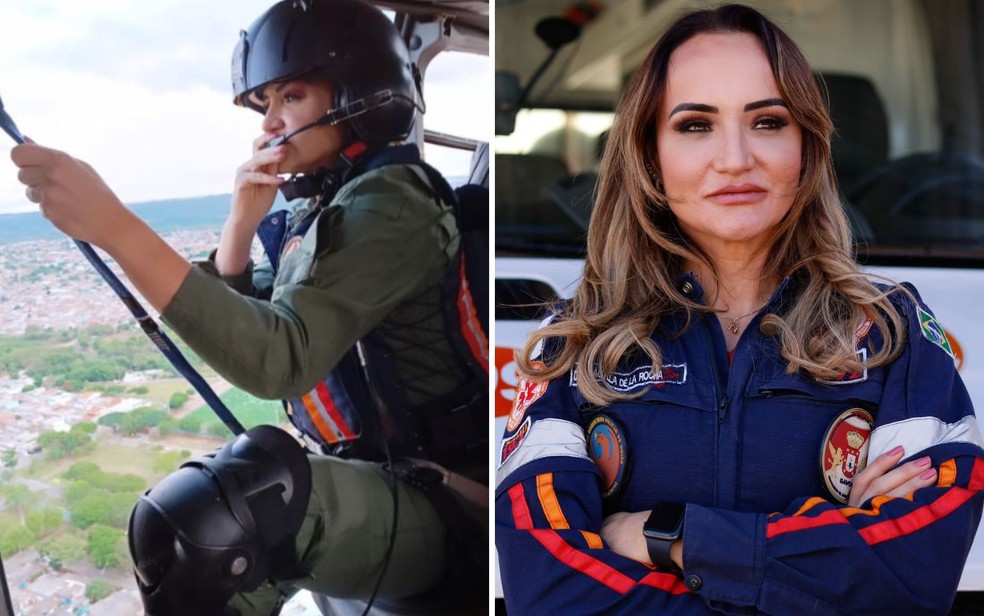 Ngylla De La Rocha, de 42 anos, compartilha a rotina de trabalho no Samu em Gois  Foto: Arquivo Pessoal/Ngylla e Reproduo/Jana Azevedo Fotografia