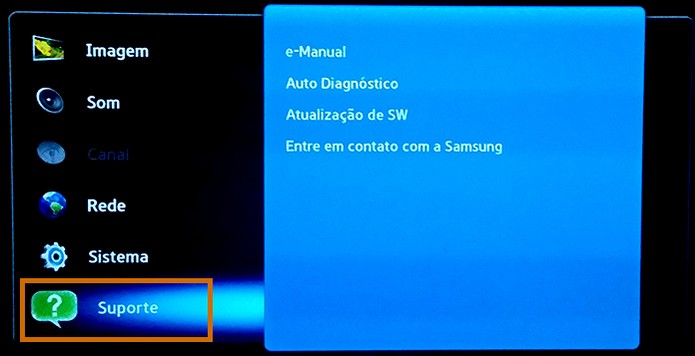 Acesse o menu de Suporte no menu da Smart TV Samsung (Foto: Reprodução/Barbara Mannara)