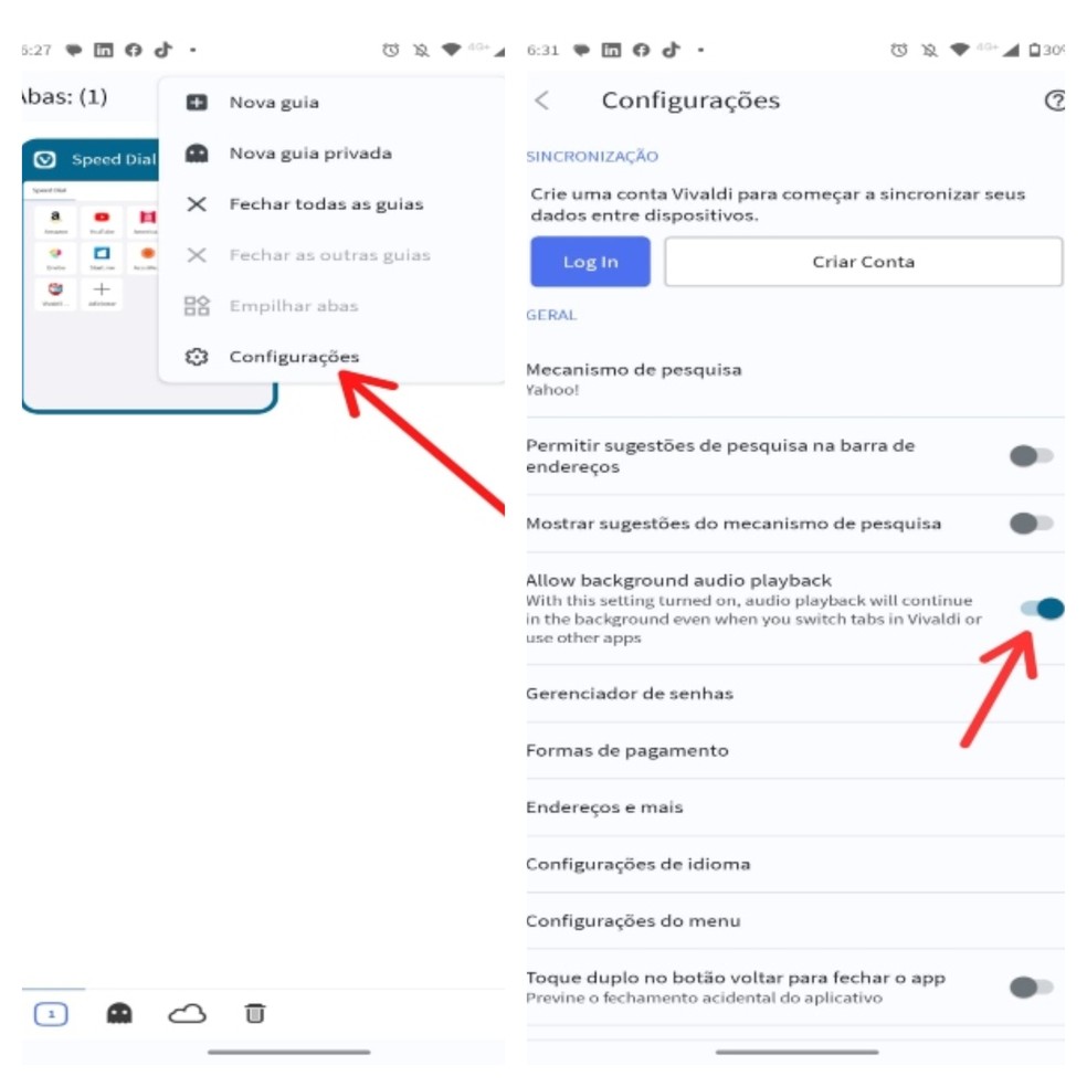 Ativação do recurso de reprodução em segundo plano no navegador Vivaldi  — Foto: Reprodução/Gisele Souza