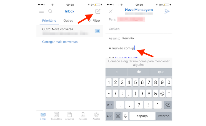 Opção para mencionar contatos no Outlook para iPhone (Foto: Reprodução/Marvin Costa)