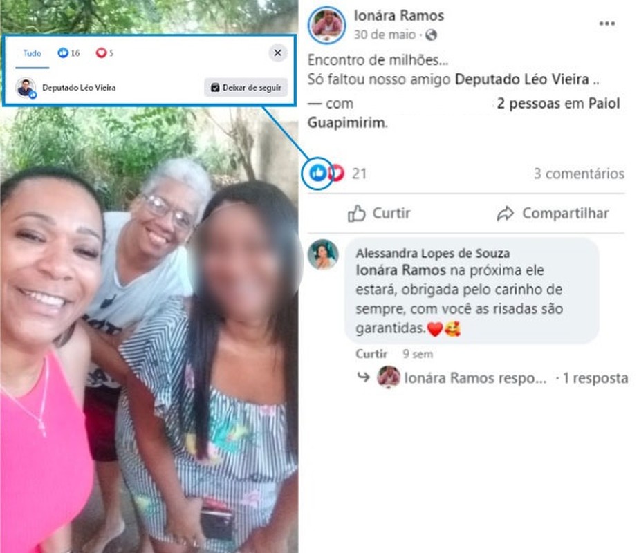 Postagem de Ionara Ramos, 25 dias depois de saque de R$ 20 mil cita o 'amigo deputado Léo Vieira'