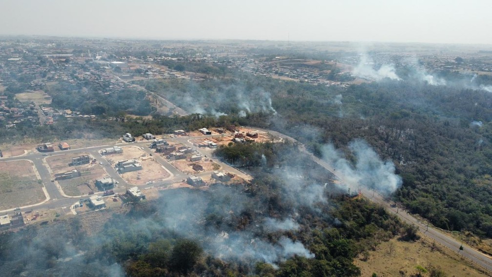 Incêndio atinge área de vegetação na chamada Mata do Furquim, em Presidente Prudente, nesta quinta-feira (19) — Foto: Alan Mosqueti