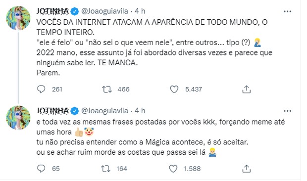 João Guilherme pede que parem ataques após beijos em Bianca Andrade (Foto: Reprodução/Twitter)