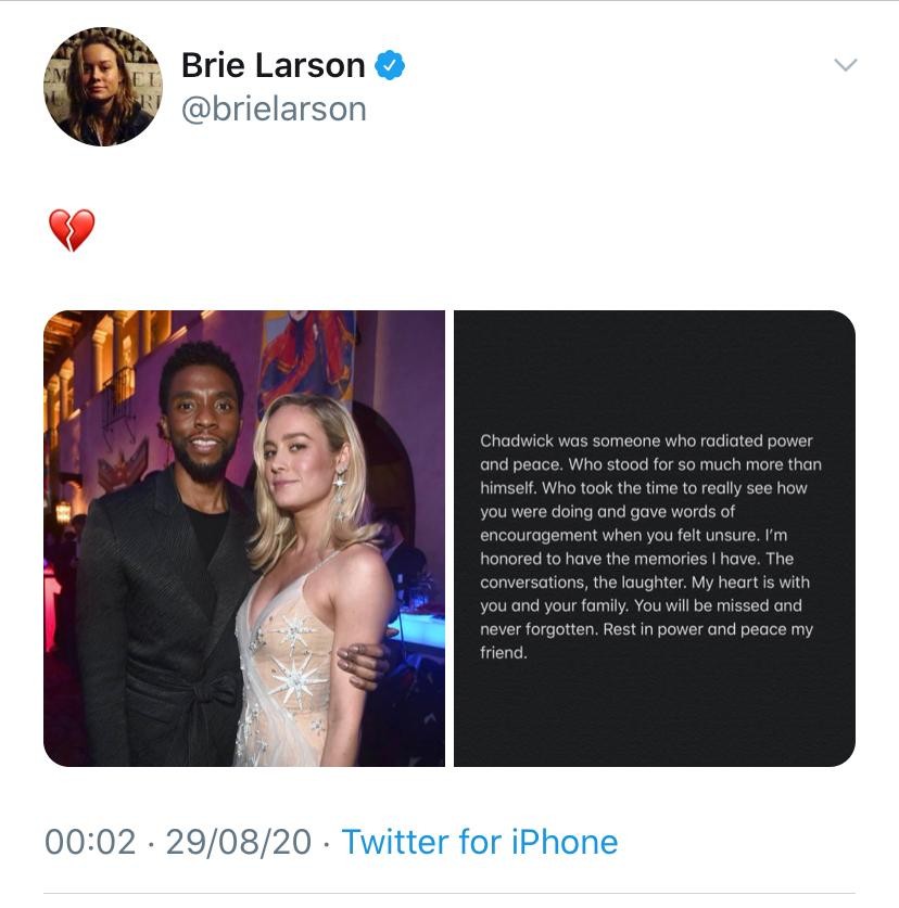 Brie Larson lamenta morte de Chadwick Boseman (Foto: Reprodução/Twitter)