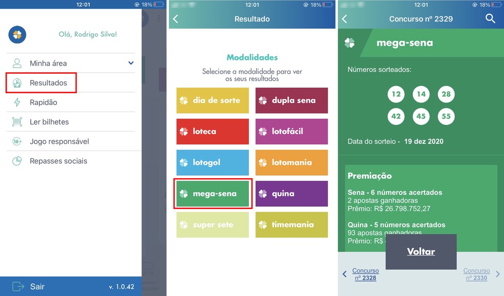 O app Loterias Caixa mostra resultados da Mega Sena no celular — Foto: Reprodução/Rodrigo Fernandes