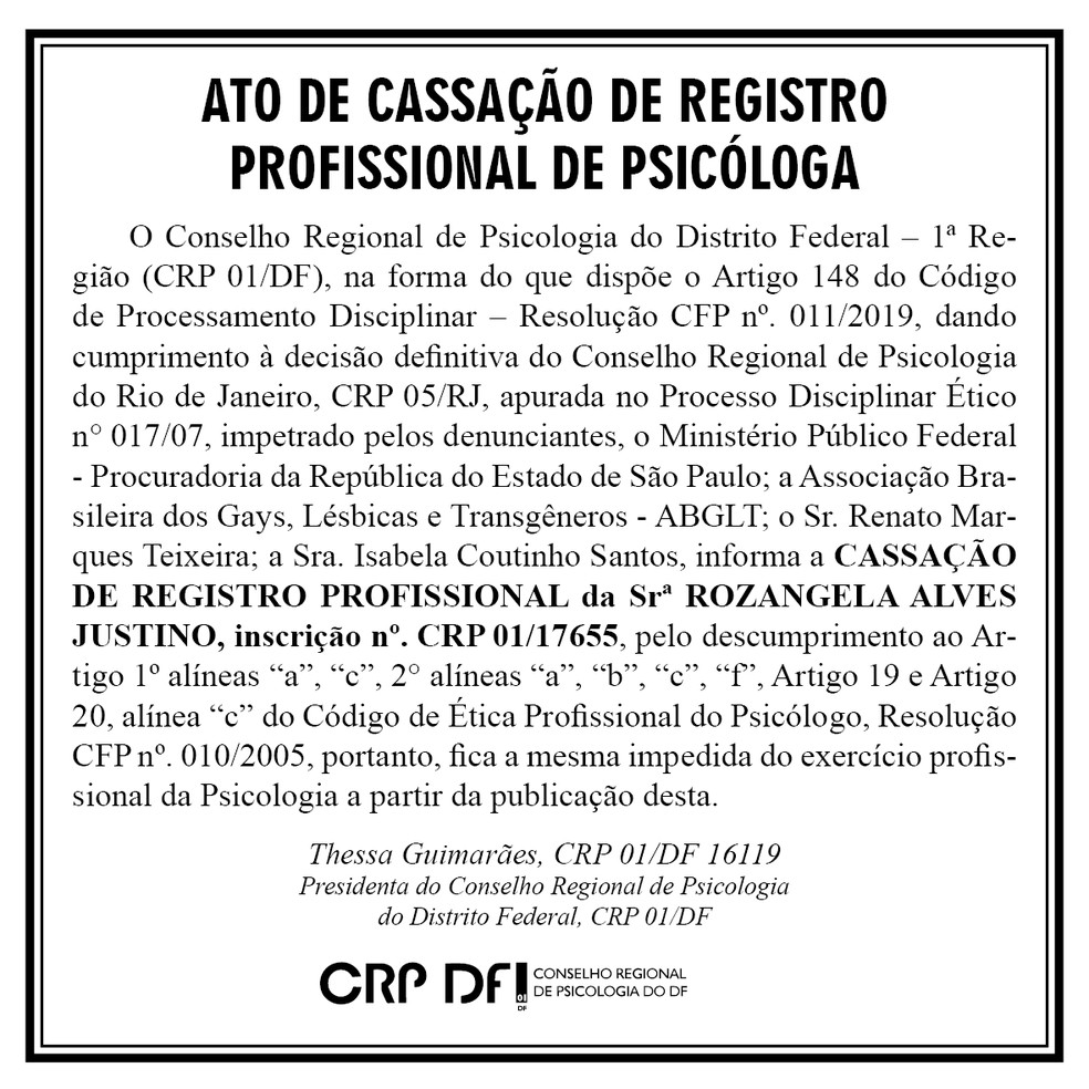 Ato de cassação do Conselho Regional de Psicologia do DF contra Rozângela Justino — Foto: CRP-DF/Reprodução
