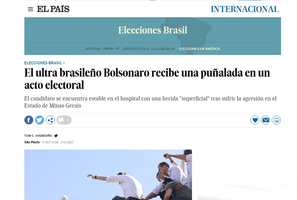 Jornal espanhol 'El País' noticiou que Bolsonaro levou facada durante ato de campanha (Foto: Reprodução/El País)