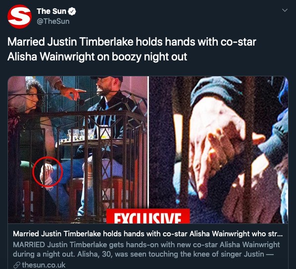 O tuíte do jornal The Sun mostrando o flagrante do suposto affair do músico Justin Timberlake com a atriz Alisha Wainwright (Foto: Twitter)