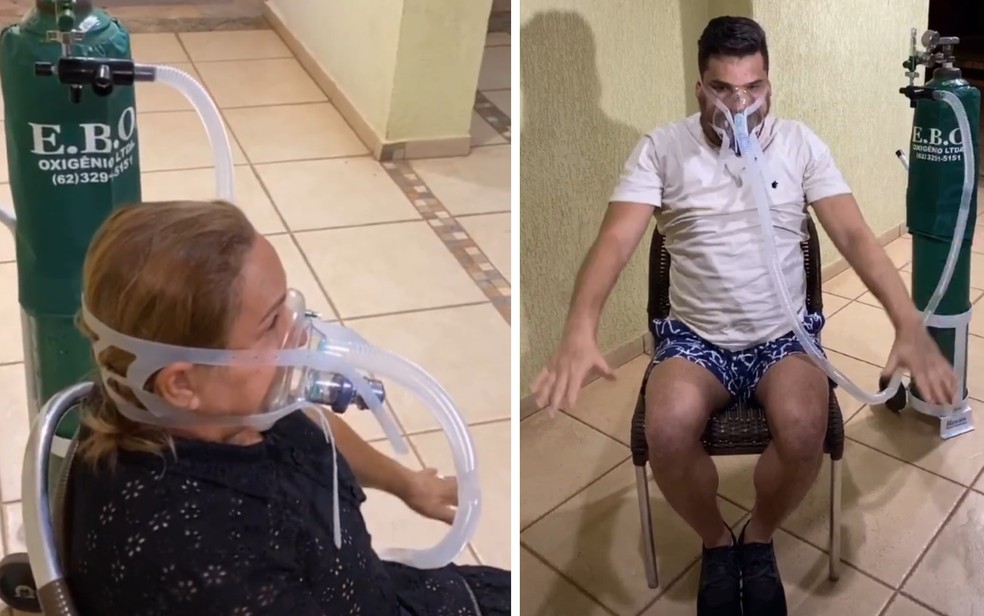 Shirlei e Cauan fazem fisioterapia em casa após se curarem da Covid-19 — Foto: Reprodução/Instagram