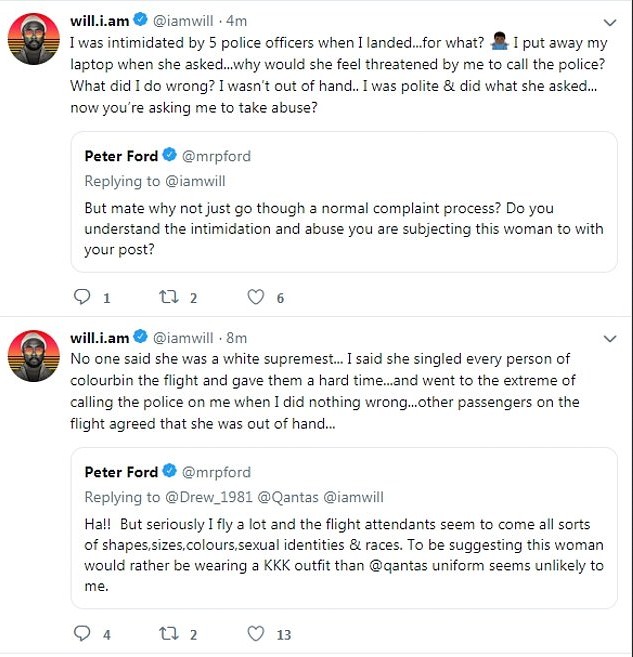 Os tuítes do músico Wll.I.Am rebatendo as críticas feitas nas redes sociais após expor o nome da aeromoça (Foto: Twitter)