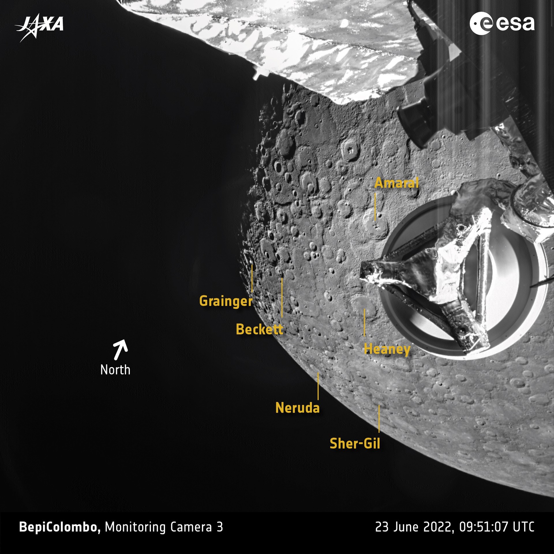 A missão BepiColombo capturou essa visão de Mercúrio em 23 de junho de 2023, quando a espaçonave passou pelo planeta para sua segunda das seis manobras de assistência à gravidade  (Foto: ESA/BepiColombo/MTM)