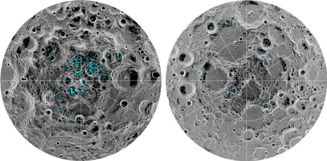 A imagem mostra a distribuição do gelo da superfície no pólo sul da lua (esquerda) e pólo norte (direita), detectado pelo instrumento Moon Mineralogy Mapper, da Nasa, em 2009. O azul representa os locais de gelo e a escala de cinza corresponde à temperatura da superfície. (Foto: Nasa)