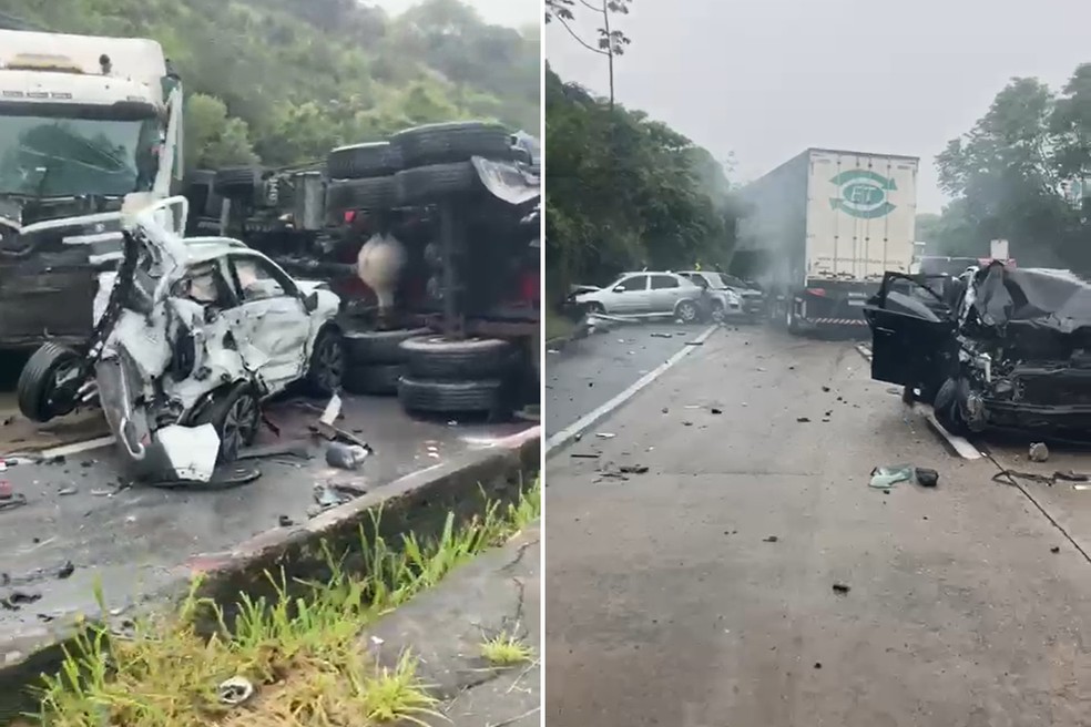 Grave acidente com carros e caminhões ocorreu na tarde desta terça-feira (20) na BR-040, trecho de descida da Serra de Petrópolis — Foto: Reprodução redes sociais