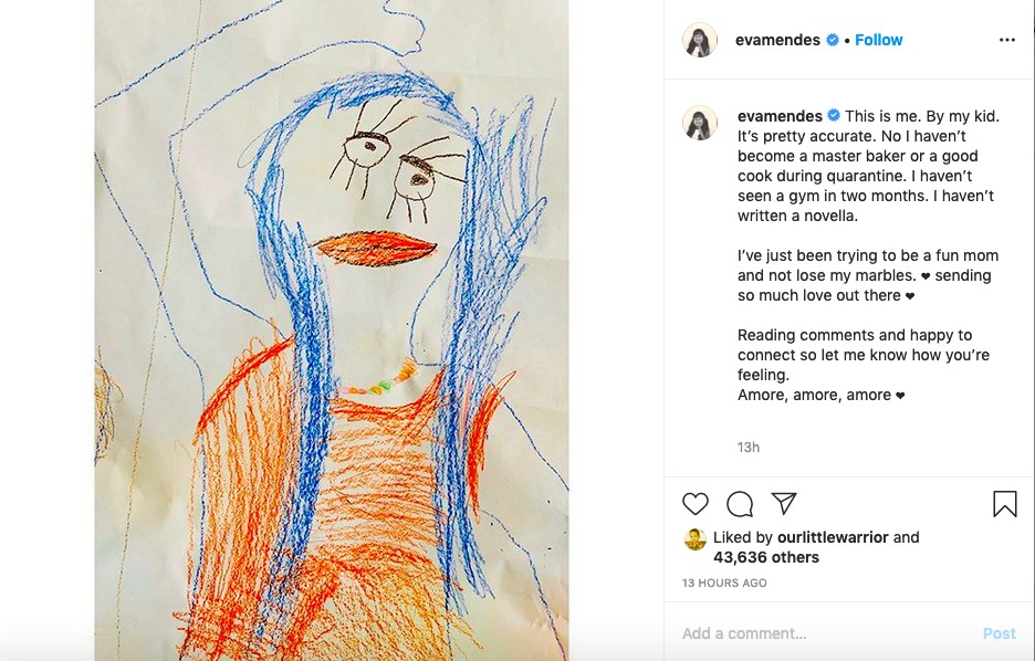 O post no qual Eva Mendes falou sobre sua decisão de preservar a imagem das filhas, acompanhado de um desenho dela feito por uma das crianças (Foto: Instagram)
