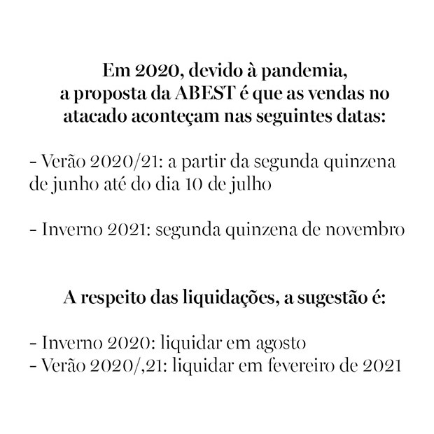 Em 2020, devido à pandemia, a proposta da ABEST é que as vendas no atacado aconteçam nas seguintes datas  (Foto: Vogue Brasil)