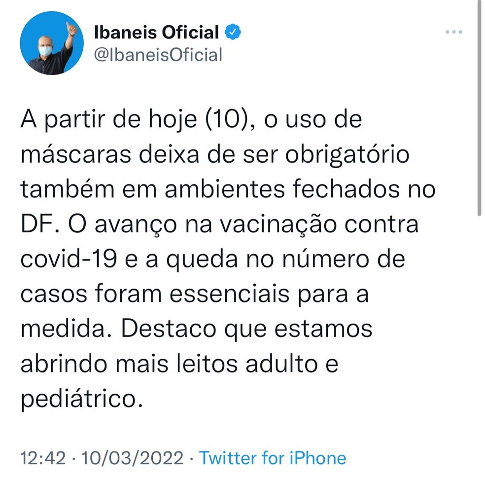 Ibaneis Rocha (MDB) anuncia fim da obrigatoriedade do uso da máscara no DF — Foto: Twitter/Reprodução