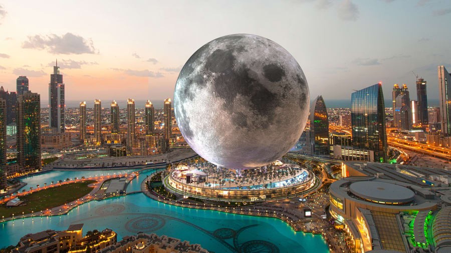 Projeto mostra como seria o Moon World Resort em Dubai: prédio no formato da Lua e atrações temáticas — Foto: Reprodução / Moon World Resort