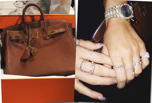 A bolsa Birkin, da Hermès, que ganhou de presente e as joias que costuma usar (Foto: Reprodução/Instagram)