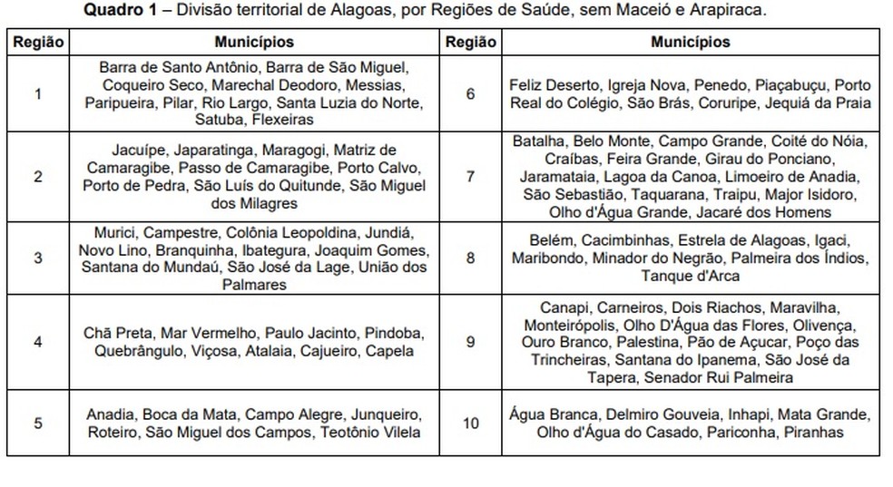 Divisão de Alagoas por regiões de saúde, sem Maceió e Arapiraca — Foto: Reprodução