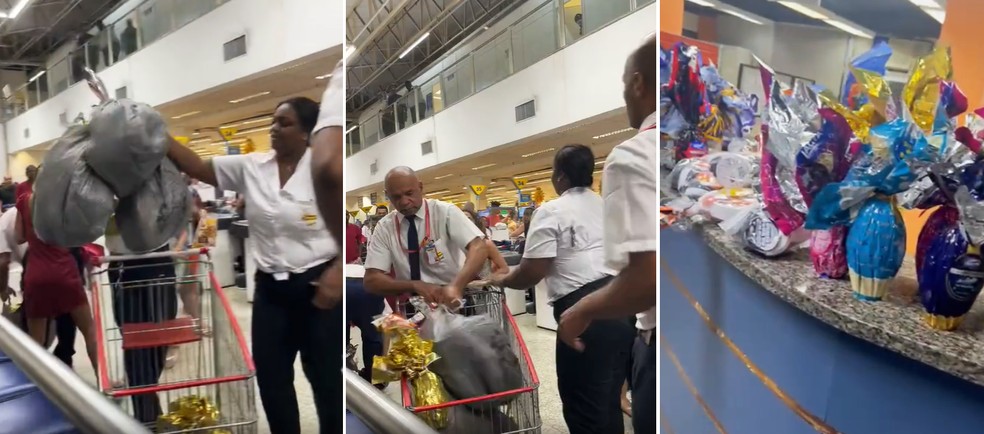 Três sacolas com ovos de Páscoa foram pegas com as suspeitas e lotaram o balcão da delegacia — Foto: Reprodução