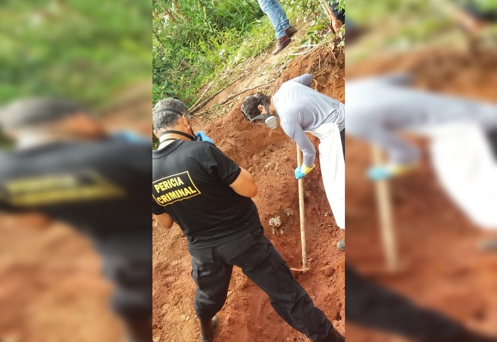 Corpos foram encontrados enterrados em área de mata em Jarinu — Foto: Divulgação