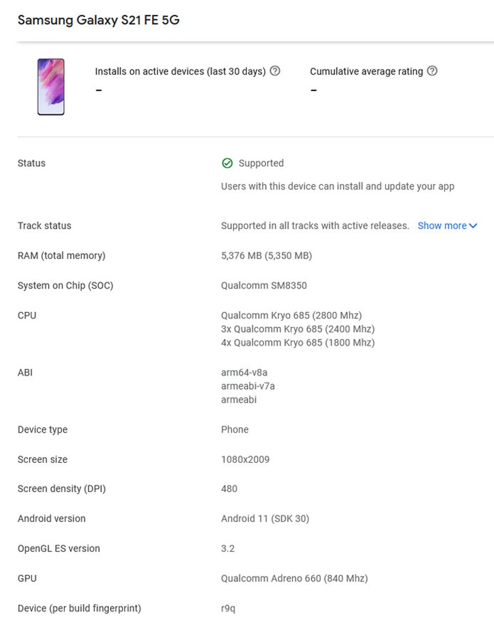 Especificações do Galaxy S21 FE 5G vazaram por meio do Google Play Console — Foto: Reprodução/WCCFTech
