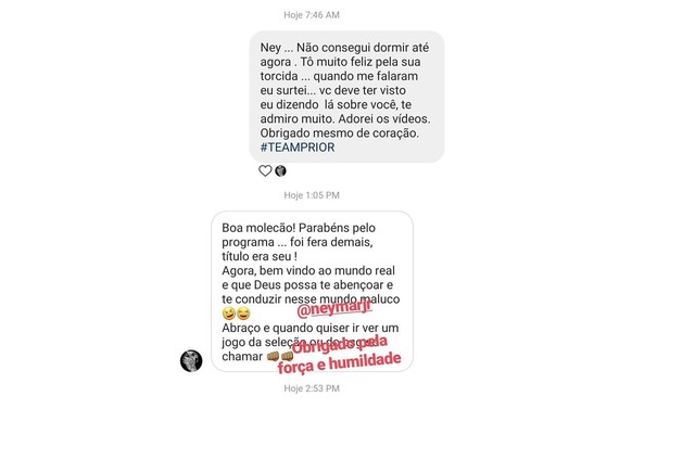 Mensagens de Felipe Prior e Neymar (Foto: Reprodução/Instagram)