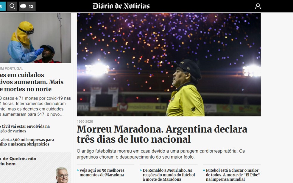 Português Diário de Notícias destaca a morte de Diego Maradona — Foto: Reprodução/Diário de Notícias
