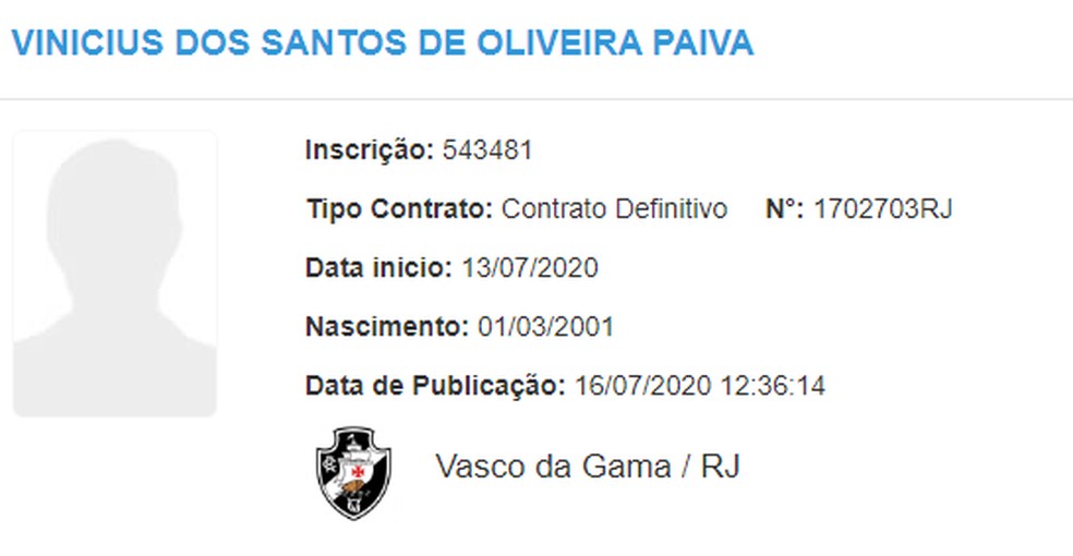 Vinícius dos Santos de Oliveira Paiva, o arisco Vinícius, teve contrato renovado com o Vasco — Foto: Reprodução