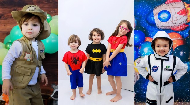 Fantasias com o tema de safari, super-heróis e de astronauta estão entre as mais populares da marca Priori Kids (Foto: Divulgação/Priori Kids)
