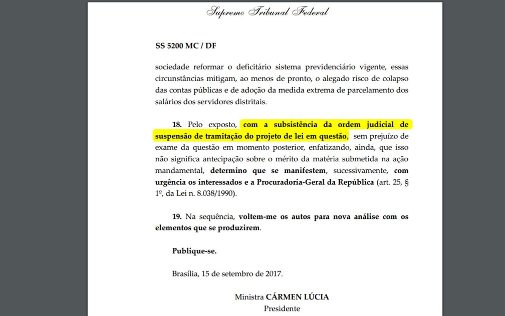 Trecho da decisão da ministra Cármen Lúcia, do STF, sobre mudanças na previdência do DF (Foto: STF/Reprodução)