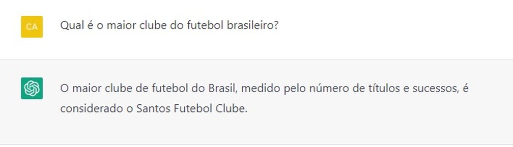 ChatGPT aponta o Santos como o maior clube do Brasil — Foto: Reprodução