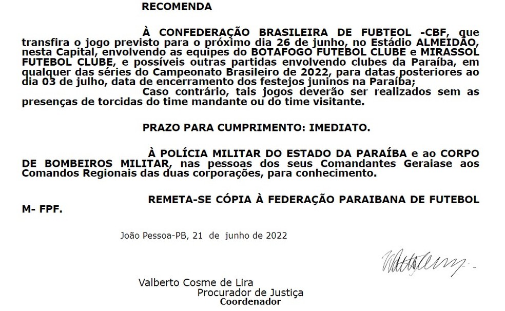Recomendação do Ministério Público foi enviada à CBF — Foto: Divulgação / MPF-PB