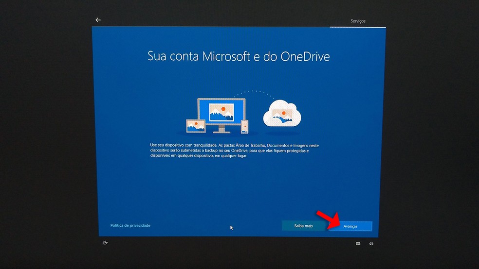 Instalação do Windows 10 apresenta a integração do sistema operacional com o OneDrive, solução de armazenamento em nuvem da Microsoft — Foto: Reprodução/Rafael Leite