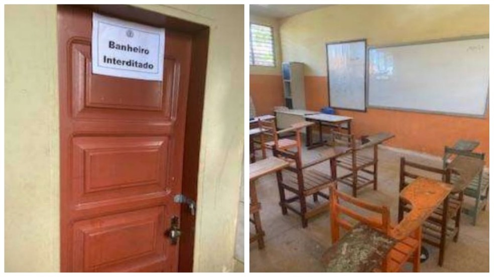 Banheiro interditado e sala de aula em condições precárias na escola estadual Frei Othmar, em Santarém — Foto: MPPA/Divulgação