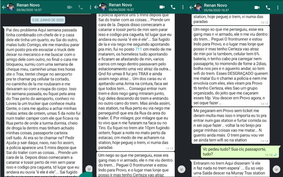 Prints mostram &uacute;ltimas mensagens de jovem de Sorocaba desaparecido nos EUA &mdash; Foto: Reprodu&ccedil;&atilde;o/WhatsApp