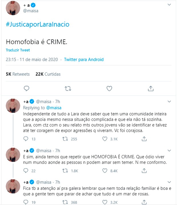 Maisa Silva dá apoio à influencer que foi agredida  (Foto: Reprodução/Twitter)