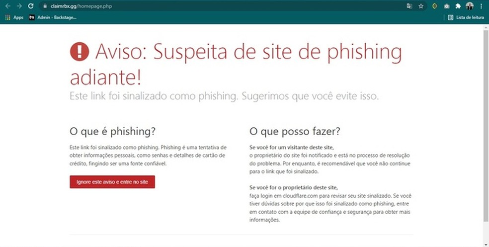 ClaimRbx é um site considerado suspeito pelo Cloudflare — Foto: Reprodução/Felipe Hamati