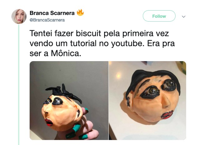 O post da usuária do Twitter Branca Scarnera mostrando seu biscuit inspirado na Mônica dos quadrinhos de Mauricio de Sousa (Foto: Twitter)
