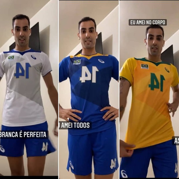 Douglas já experimentou as três camisetas que serão usadas em Tóquio pela seleção de vôlei (Foto: Reprodução)