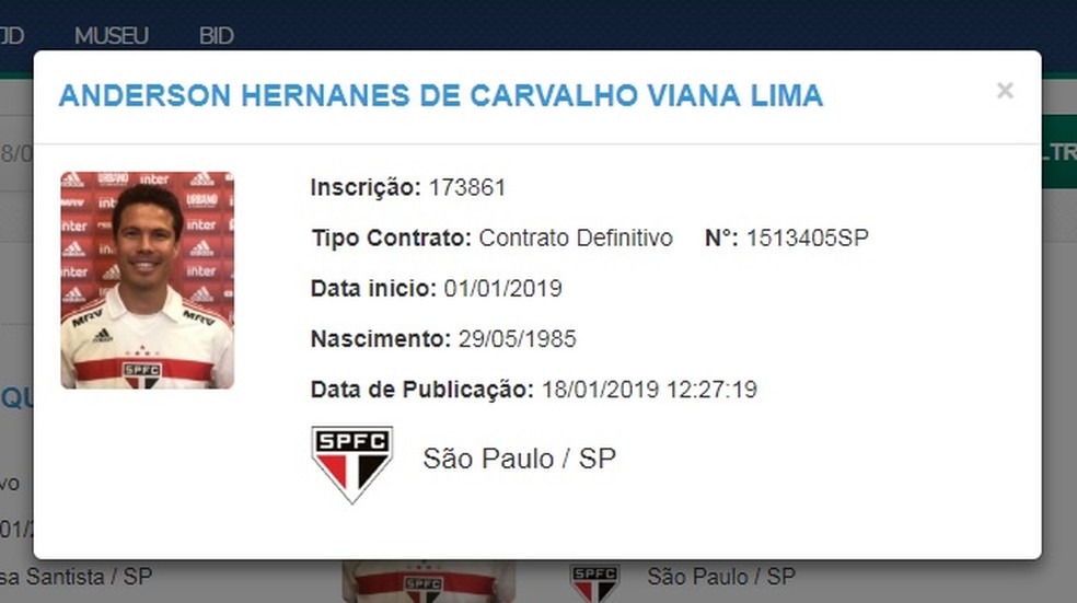 Hernanes, do São Paulo, aparece inscrito no BID — Foto: Reprodução