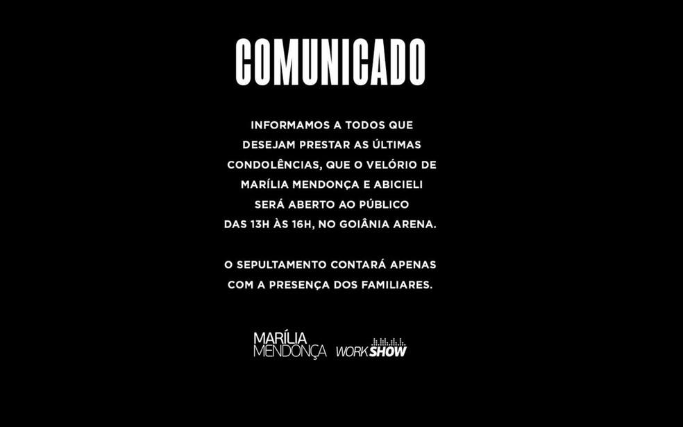 Marília Mendonça e tio serão velados juntos no Ginásio Goiânia Arena, diz assessoria  — Foto: Instagram/reprodução 