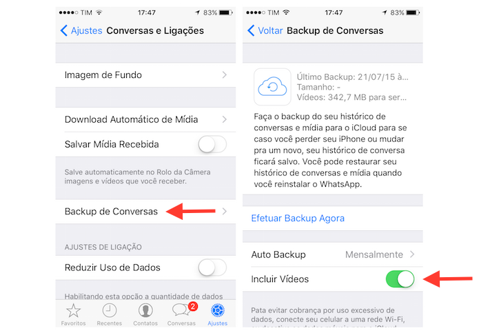 Ativando o backup de vídeos do WhatsApp no iCloud do iPhone (Foto: Reprodução/Marvin Costa) (Foto: Ativando o backup de vídeos do WhatsApp no iCloud do iPhone (Foto: Reprodução/Marvin Costa))