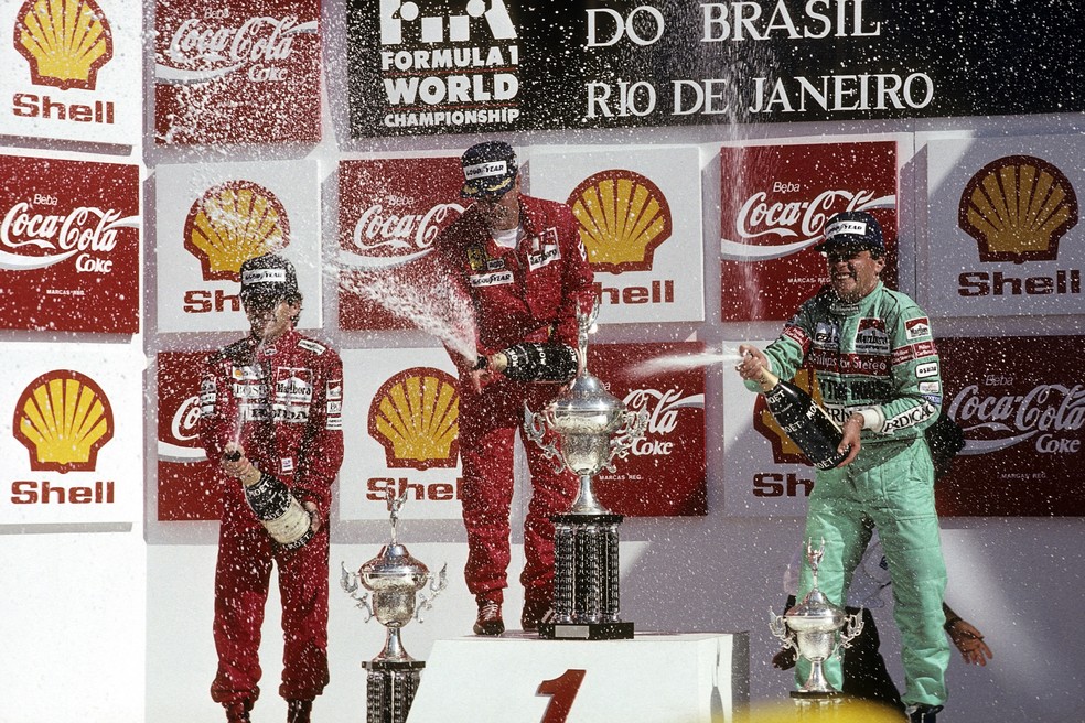 Prost, Mansell e Gugelmin no pódio de Jacarepaguá, em 1989 — Foto: Getty Images