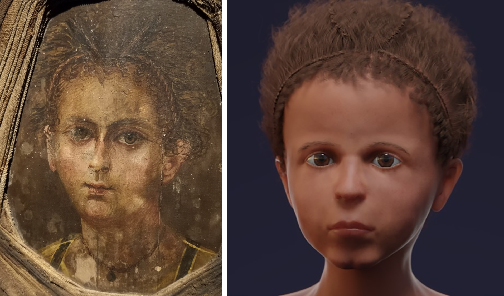 A partir de uma pintura e dos restos mortais da criança, os cientistas conseguiram recriar um desenho aproximado de como seria o seu rosto (Foto: © Nerlich AG, et al. PLOS One (2020))